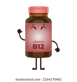Cute vitamin B12 bottle character vector illustration in trendy flat 3d kawaii doodle design style. Tablets medicine brown bottle icon. Editable graphic resources for many purposes.