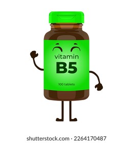 Cute vitamin B5 bottle character vector illustration in trendy flat 3d kawaii doodle design style. Tablets medicine brown bottle icon. Editable graphic resources for many purposes.