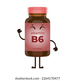 Cute vitamin B6 bottle character vector illustration in trendy flat 3d kawaii doodle design style. Tablets medicine brown bottle icon. Editable graphic resources for many purposes.