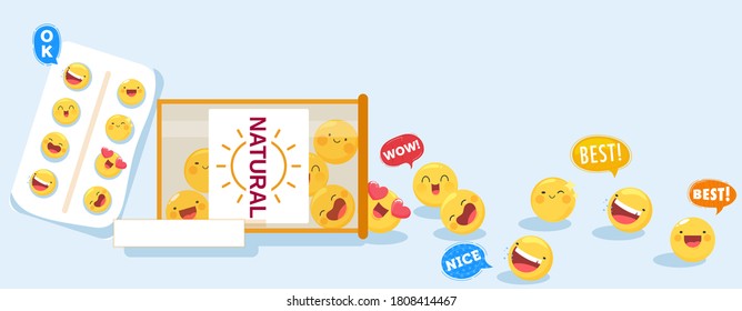 Cute vitamin capsules package vector illustration. Cartoon flat kawaii happy natural multivitamin pill characters doing funny cheerful smiling laughing faces in tablet packaging, pharmacy background