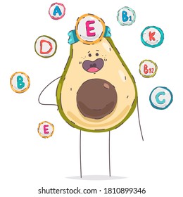Cute vitamin E vector cartoon avocado character isolated on a white background.
