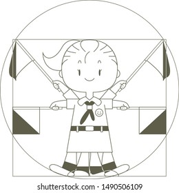 Cute Vitruvius Girl Scout Vector Illustration.