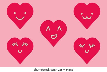Cute Viva Magenta Hearts with Faces Vector Icon Set on Pink Background. Heart Icons. Design for Valentine's Day, Anniversary, Weddings, and Mother's Day. Love Symbol Icon Set. Heart Illustrations.