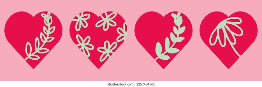Cute Viva Magenta Hearts with Floral Vector Icon Set on Pink Background. Heart Icons. Design for Valentine's Day, Anniversary, Weddings, and Mother's Day. Love Symbol Icon Set. Heart Illustrations.