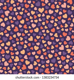 Cute vivid heart vector pattern, seamless repeat. Clean minimal shapes on dark purple background. Great for childrens backgrounds, gift wrapping paper, wallpapers, apparel design, cards etc.