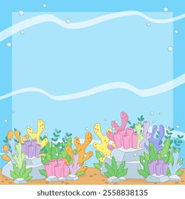 cute and vivid various reef under the ocean theme frame, vector illustration