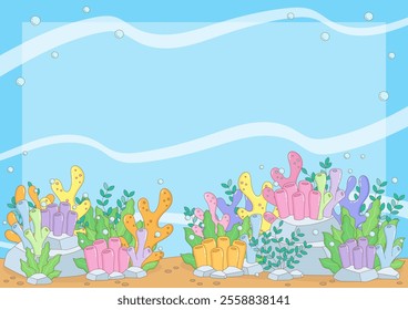 cute and vivid various reef under the ocean theme frame, vector illustration