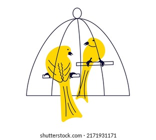 Cute vivid yellow couple of canary birds in cage, stylized songbirds pets isolated on a white background. Flat Art Vector Illustration