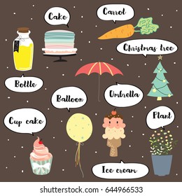 Cute vocabulary with cake,carrot,bottle,balloon,cap cake,ice cream,umbrella,plant and christmas tree