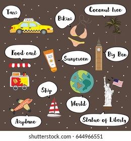 Cute vocabulary with taxi,bikini,coconut tree,food cart,sunscreen,ship,world,airplane and Statue of Liberty