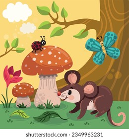 Cute vole, butterfly and ladybug animals that met in the forest. Vector illustration for kids.