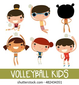 cute volleyball kids set. volleyball players. kawai characters