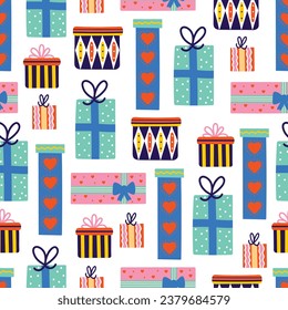 Cute volorful seamless background with gift boxes.Vector New Year and Christmas seamless texture for gifts wrapping paper, packaging, backgrounds.