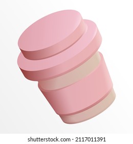 Cute volumetric plastic cup. Cartoon pink coffee to go. Gentle stylish square illustration with 3D object. Poster for menu design of fast food restaurants, cafes, food delivery.