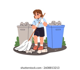 Cute volunteer sweeps trash, throws into trashcan. Kid cleaning with broom in park, picking litter. Girl gathers waste, garbage, junk to care about ecology. Flat isolated vector illustration on white.