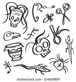 cute voodoo asccessory magic set on white background isolated line etnic culture music instrument