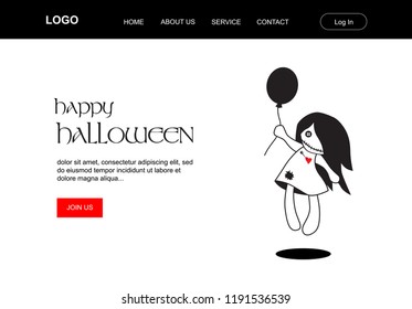 cute voodoo doll with balloon, Illustrative vector landing page template 