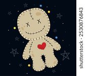 Cute voodoo doll with heart and stitches on dark background, Vector