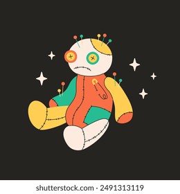 Cute voodoo doll with needles, pins. Magic, esoteric, witchcraft. Vector illustration in flat style