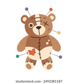 Cute Voodoo doll teddy bear with hearts, pin, stitches, patches.. Vector illustration in cartoon style.