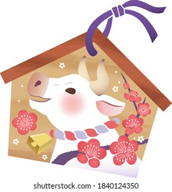 A cute votive tablet with a profile of a white cow laughing gently and plum blossoms.