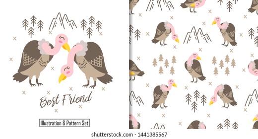 cute vulture animal cartoon seamless pattern with illustrations card set