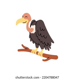 Cute vulture bird cartoon on the tree branch.  Cartoon vector character isolated on a white background. The design element of t-shirts, home textiles, wrapping paper, textiles, and flashcards.