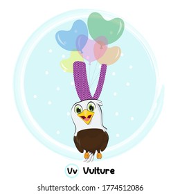 Cute vulture flying with balloons. Art vector illustration. Cute Animal Alphabet Series A-Z. 