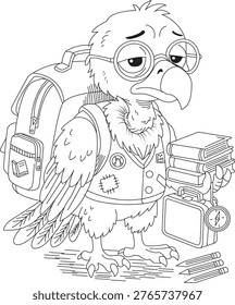 A cute vulture is going to school like a student. The vulture is wearing a small school bag on its back and holding a book in one wing. It is walking happily along a path. The vulture has a friendly face with big eyes and a small smile, making it look playful and kind. Around it, there are trees, grass, and maybe a school building in the background. The outline is simple and bold, perfect for a coloring page for kids.