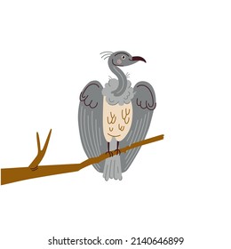 Cute vulture on white background in cartoon flat style. Vector bird