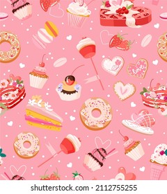 Cute waffle, cake, donut, cupcake, cookies strawberry vector seamless pattern. Happy valentines day. Sweetness background