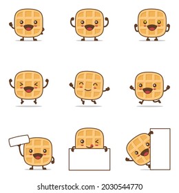 cute waffle cartoon. with happy facial expressions and different poses, isolated on a white background