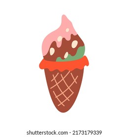 Cute waffle cone with chocolate ice cream and dots. Vector flat illustration on isolated background