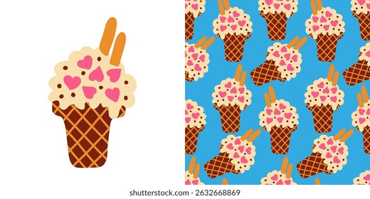 Cute waffle cone with creamy ice cream topped with pink heart candies and chocolate chips in seamless pattern on blue background, perfect for desserts, kids products, and summer themes