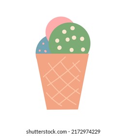 Cute waffle cone with different balls of ice cream and dots. Vector flat illustration on isolated background