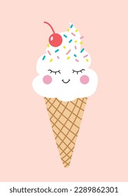 Cute waffle cone ice cream with face and cherry on top.