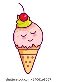 Cute waffle cone ice cream with face and cherry on top. Kawaii style with funny face. Cartoon sweet character. Cute cartoon vector Illustration