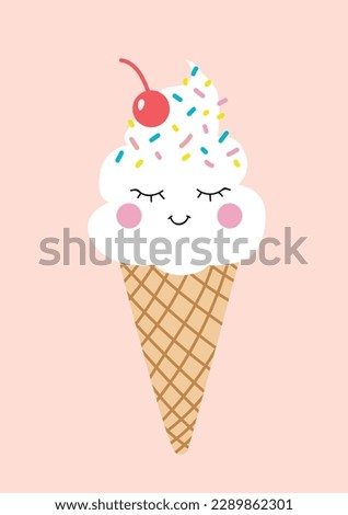 Cute waffle cone ice cream with face and cherry on top.