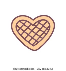 Cute waffle icon. Hand drawn illustration of a heart-shaped Belgian waffle isolated on a white background. Kawaii St. Valentine day sticker. Vector 10 EPS.