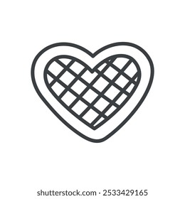 Cute waffle icon. Hand drawn monochrome illustration of a heart-shaped Belgian waffle isolated on a white background. Kawaii St. Valentine day concept. Vector 10 EPS.