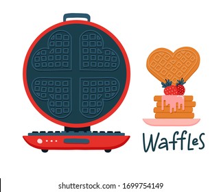 Cute waffle iron cartoon motif set. Hand drawn falt isolated kitchen elements clipart for food blog, heart graphic, breakfast design. Vector flat illustration.