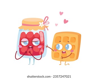 Cañón y tarro de la ilustración vectorial de los caracteres de mermelada. Caricatura aislada dulce y divertida pareja enamorada, kawaii galleta de wafer belga de pie de rodillas frente a la deliciosa botella de gelatina de fresa