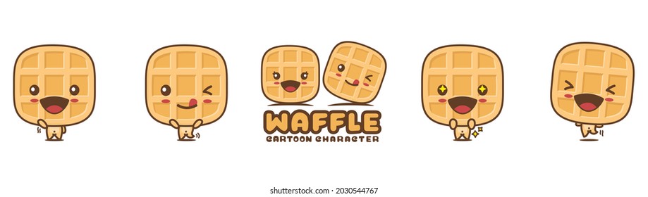 cute waffle mascot, snack cartoon illustration, with different facial expressions and poses, isolated on white background