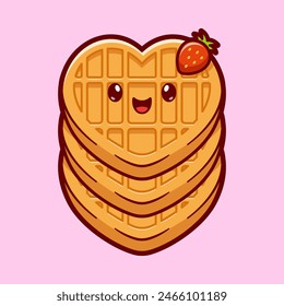 Cute Waffle Strawberry Love Heart Cartoon Vector Icon Illustration. Food Fruit Icon Concept Isolated Premium Vector. Flat Cartoon Style