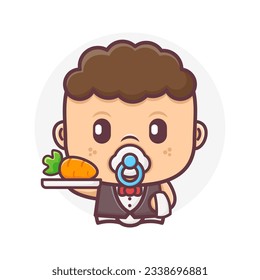 cute waiter baby cartoon with carrot. vector illustration, mascot, icon, sticker.