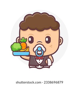 cute waiter baby cartoon with healthy food. vector illustration, mascot, icon, sticker.