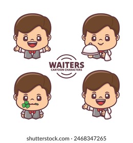 cute waiter cartoon character design, with different expressions.