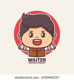 Cute waiter cartoon character mascot design, with outline style