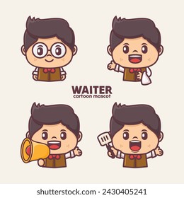 Cute waiter cartoon character mascot design, with different expressions