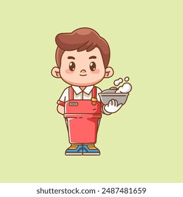 Cute waiter serve bowl soup kawaii chibi character mascot illustration outline style design set